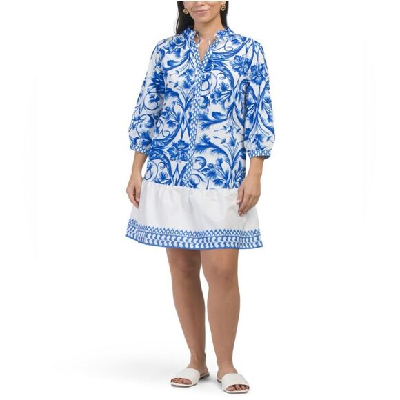 LINA TOMEI Italy Long Sleeve Cotton Baroque Drop Waist Dress Blue Floral M NWT - Picture 3 of 13